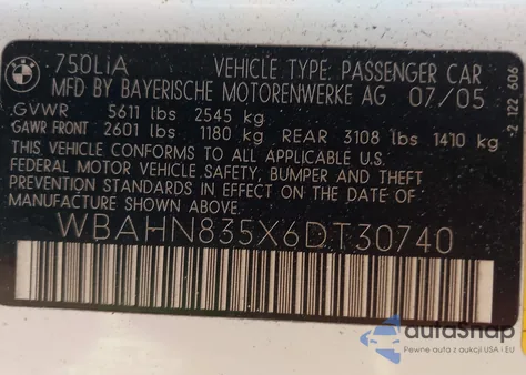 2006 BMW 750Li из США, поврежденный, VIN WBAHN835X6DT30740